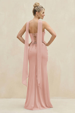 Cowl Neck Sheath Chiffon Bridesmaid Dress with Ribbon in English Rose (2) | KISSBRIDAL