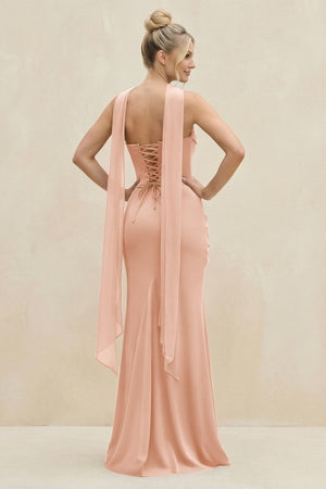 Cowl Neck Sheath Chiffon Bridesmaid Dress with Ribbon in English Rose - SHE IS ME Bridesmaid Dresses