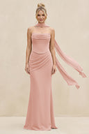 Cowl Neck Sheath Chiffon Bridesmaid Dress with Ribbon in English Rose | KISSBRIDAL