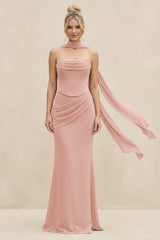 Cowl Neck Sheath Chiffon Bridesmaid Dress with Ribbon in English Rose | KISSBRIDAL