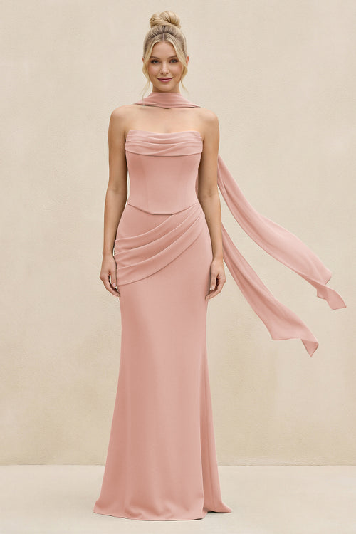 Cowl Neck Sheath Chiffon Bridesmaid Dress with Ribbon in English Rose | KISSBRIDAL