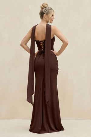 Cowl Neck Sheath Chiffon Bridesmaid Dress with Ribbon in Espresso - SHE IS ME Bridesmaid Dresses