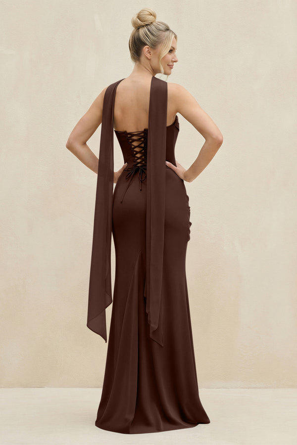 Cowl Neck Sheath Chiffon Bridesmaid Dress with Ribbon in Espresso - SHE IS ME Bridesmaid Dresses