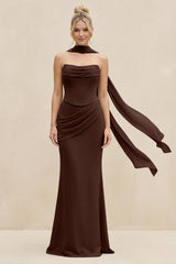 Cowl Neck Sheath Chiffon Bridesmaid Dress with Ribbon in Espresso - KISS BRIDAL Bridesmaid Dresses