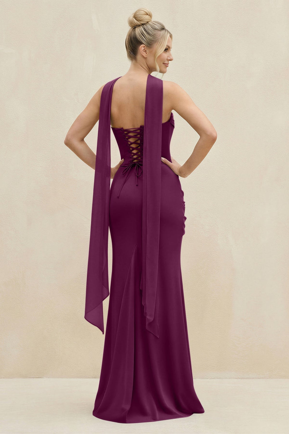 Cowl Neck Sheath Chiffon Bridesmaid Dress with Ribbon in Fig - KISS BRIDAL Bridesmaid Dresses