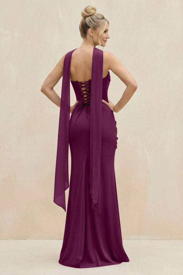 Cowl Neck Sheath Chiffon Bridesmaid Dress with Ribbon in Fig - SHE IS ME Bridesmaid Dresses