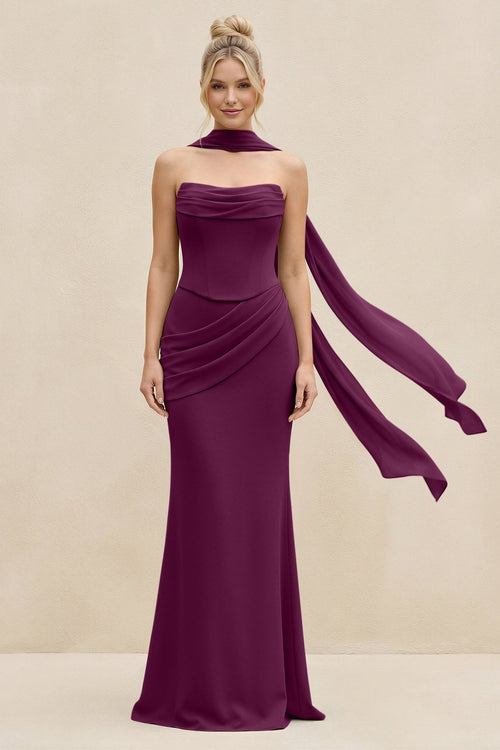 Cowl Neck Sheath Chiffon Bridesmaid Dress with Ribbon in Fig - SHE IS ME Bridesmaid Dresses