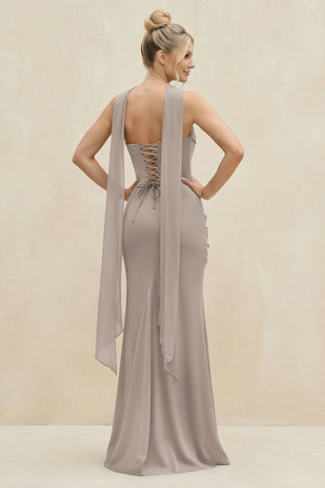 Cowl Neck Sheath Chiffon Bridesmaid Dress with Ribbon in Frost (2) | KISSBRIDAL