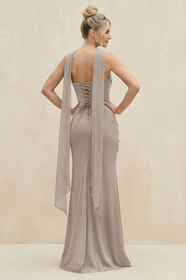 Cowl Neck Sheath Chiffon Bridesmaid Dress with Ribbon in Frost (2) | KISSBRIDAL