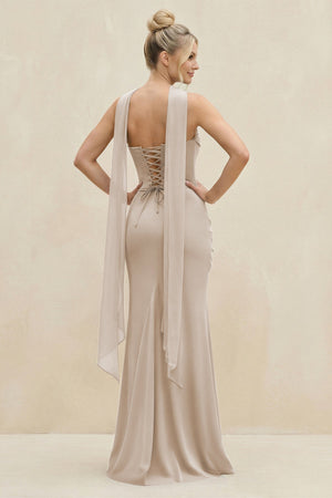 Cowl Neck Sheath Chiffon Bridesmaid Dress with Ribbon in Frost - SHE IS ME Bridesmaid Dresses