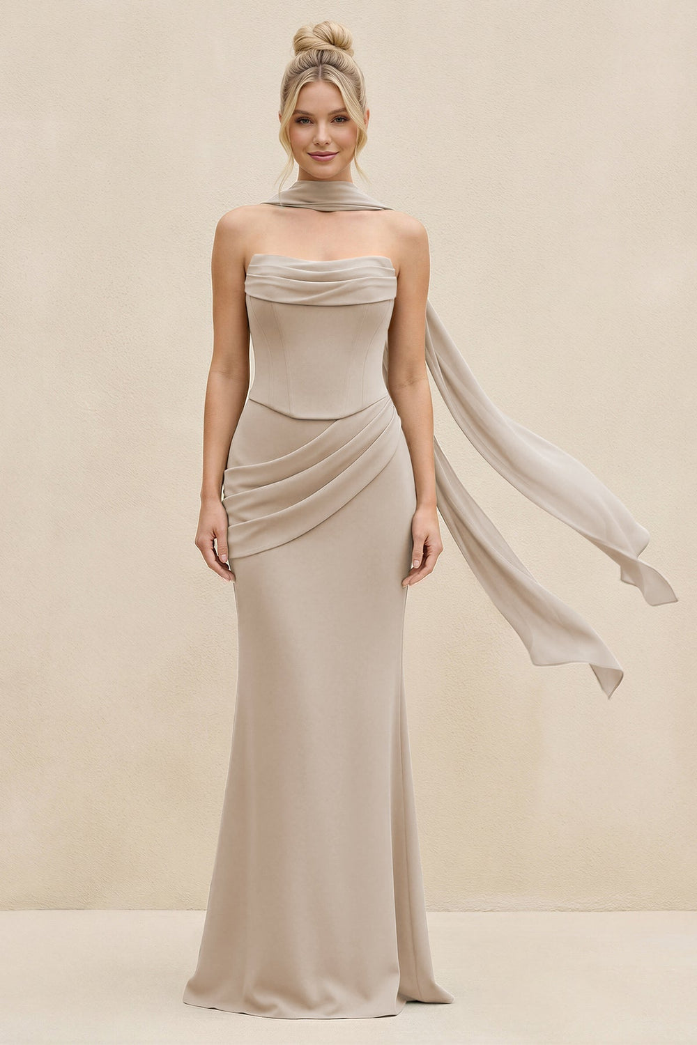 Cowl Neck Sheath Chiffon Bridesmaid Dress with Ribbon in Frost - KISS BRIDAL Bridesmaid Dresses