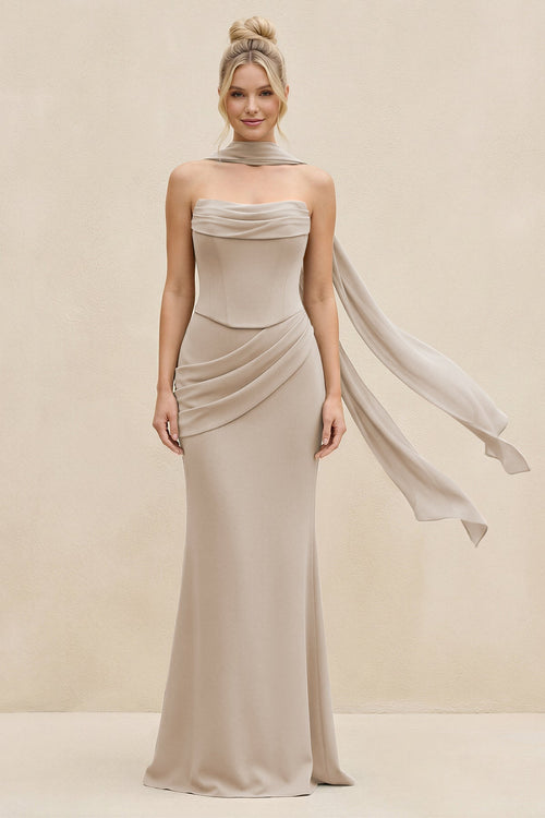 Cowl Neck Sheath Chiffon Bridesmaid Dress with Ribbon in Frost - SHE IS ME Bridesmaid Dresses