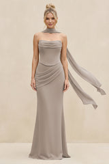 Cowl Neck Sheath Chiffon Bridesmaid Dress with Ribbon in Frost | KISSBRIDAL
