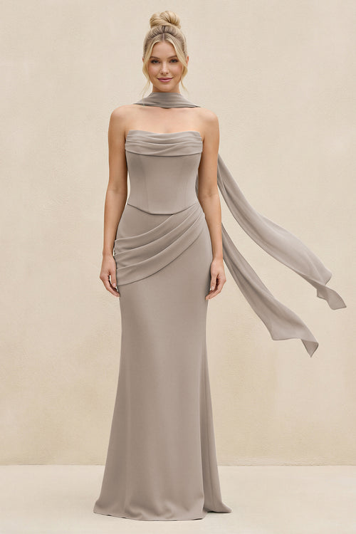 Cowl Neck Sheath Chiffon Bridesmaid Dress with Ribbon in Frost | KISSBRIDAL