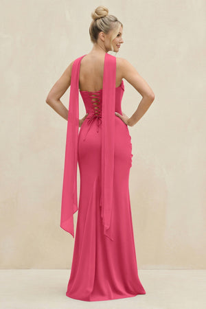Cowl Neck Sheath Chiffon Bridesmaid Dress with Ribbon in Fuchsia - SHE IS ME Bridesmaid Dresses