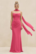 Cowl Neck Sheath Chiffon Bridesmaid Dress with Ribbon in Fuchsia - SHE IS ME Bridesmaid Dresses