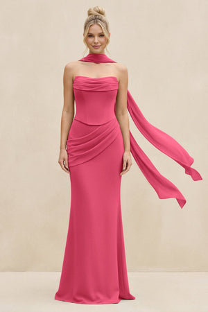 Cowl Neck Sheath Chiffon Bridesmaid Dress with Ribbon in Fuchsia - SHE IS ME Bridesmaid Dresses