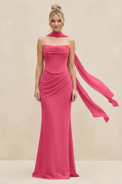 Cowl Neck Sheath Chiffon Bridesmaid Dress with Ribbon in Fuchsia - SHE IS ME Bridesmaid Dresses