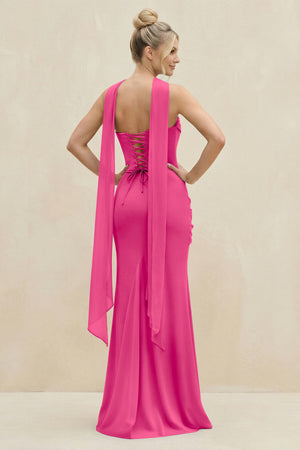 Cowl Neck Sheath Chiffon Bridesmaid Dress with Ribbon in Fuchsia (2) | KISSBRIDAL