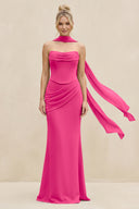 Cowl Neck Sheath Chiffon Bridesmaid Dress with Ribbon in Fuchsia | KISSBRIDAL