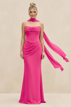 Cowl Neck Sheath Chiffon Bridesmaid Dress with Ribbon in Fuchsia | KISSBRIDAL