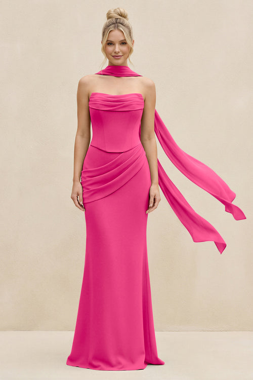 Cowl Neck Sheath Chiffon Bridesmaid Dress with Ribbon in Fuchsia | KISSBRIDAL