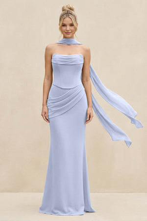 Cowl Neck Sheath Chiffon Bridesmaid Dress with Ribbon in Ice - SHE IS ME Bridesmaid Dresses