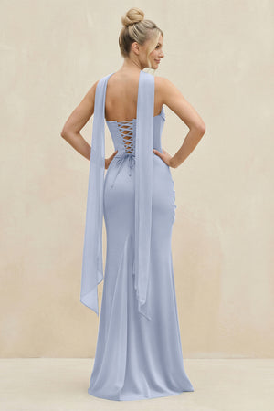 Cowl Neck Sheath Chiffon Bridesmaid Dress with Ribbon in Ice (2) | KISSBRIDAL