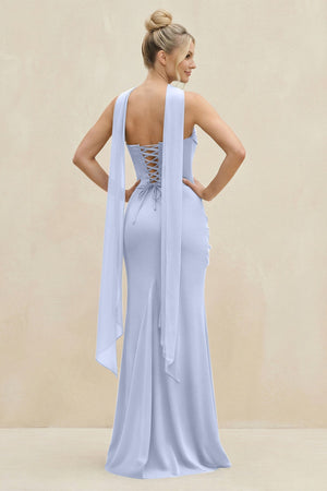Cowl Neck Sheath Chiffon Bridesmaid Dress with Ribbon in Ice - SHE IS ME Bridesmaid Dresses