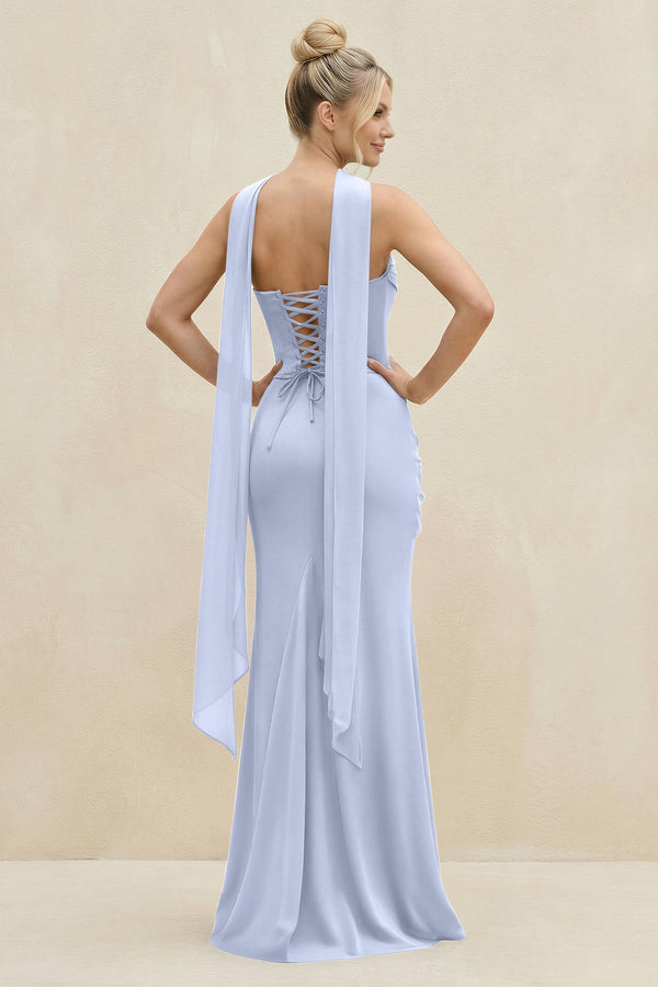 Cowl Neck Sheath Chiffon Bridesmaid Dress with Ribbon in Ice - SHE IS ME Bridesmaid Dresses