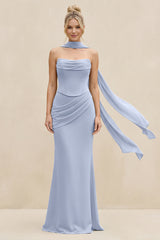 Cowl Neck Sheath Chiffon Bridesmaid Dress with Ribbon in Ice | KISSBRIDAL