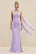 Cowl Neck Sheath Chiffon Bridesmaid Dress with Ribbon in Lavender - SHE IS ME Bridesmaid Dresses