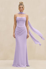 Cowl Neck Sheath Chiffon Bridesmaid Dress with Ribbon in Lavender - KISS BRIDAL Bridesmaid Dresses