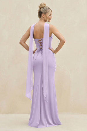 Cowl Neck Sheath Chiffon Bridesmaid Dress with Ribbon in Lavender - SHE IS ME Bridesmaid Dresses