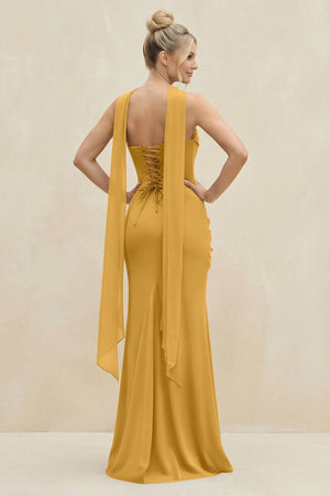 Cowl Neck Sheath Chiffon Bridesmaid Dress with Ribbon in Marigold - SHE IS ME Bridesmaid Dresses
