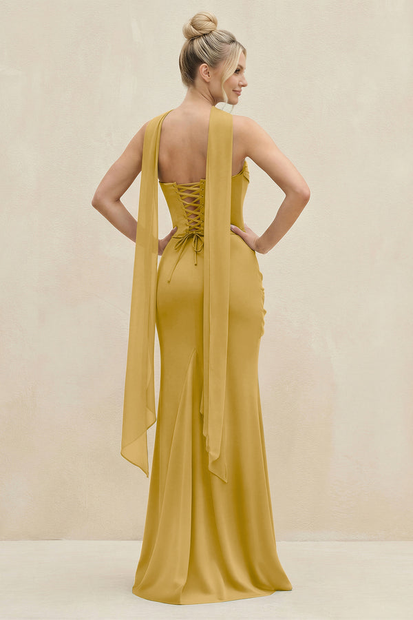 Cowl Neck Sheath Chiffon Bridesmaid Dress with Ribbon in Marigold (2) | KISSBRIDAL