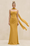 Cowl Neck Sheath Chiffon Bridesmaid Dress with Ribbon in Marigold - SHE IS ME Bridesmaid Dresses
