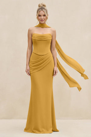 Cowl Neck Sheath Chiffon Bridesmaid Dress with Ribbon in Marigold - SHE IS ME Bridesmaid Dresses