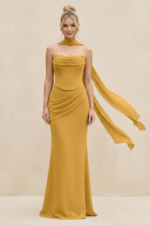 Cowl Neck Sheath Chiffon Bridesmaid Dress with Ribbon in Marigold - SHE IS ME Bridesmaid Dresses