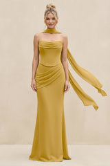 Cowl Neck Sheath Chiffon Bridesmaid Dress with Ribbon in Marigold | KISSBRIDAL