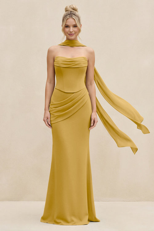 Cowl Neck Sheath Chiffon Bridesmaid Dress with Ribbon in Marigold | KISSBRIDAL