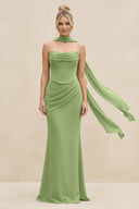 Cowl Neck Sheath Chiffon Bridesmaid Dress with Ribbon in Matcha - SHE IS ME Bridesmaid Dresses