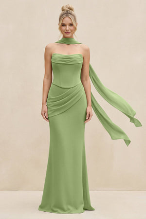 Cowl Neck Sheath Chiffon Bridesmaid Dress with Ribbon in Matcha - SHE IS ME Bridesmaid Dresses