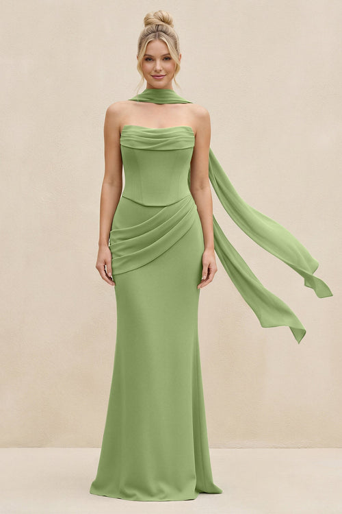 Cowl Neck Sheath Chiffon Bridesmaid Dress with Ribbon in Matcha - SHE IS ME Bridesmaid Dresses