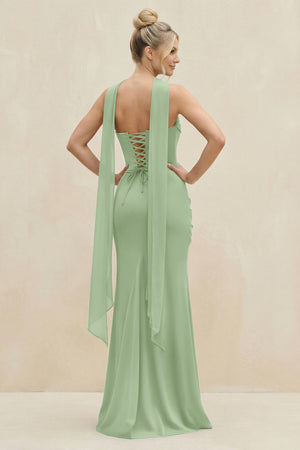 Cowl Neck Sheath Chiffon Bridesmaid Dress with Ribbon in Matcha (2) | KISSBRIDAL