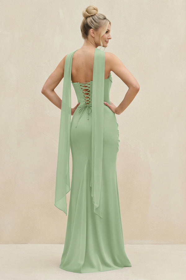 Cowl Neck Sheath Chiffon Bridesmaid Dress with Ribbon in Matcha (2) | KISSBRIDAL