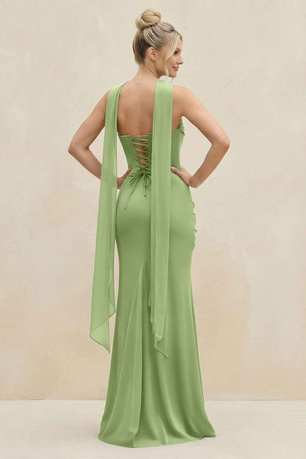 Cowl Neck Sheath Chiffon Bridesmaid Dress with Ribbon in Matcha - KISS BRIDAL Bridesmaid Dresses