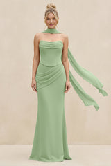 Cowl Neck Sheath Chiffon Bridesmaid Dress with Ribbon in Matcha | KISSBRIDAL
