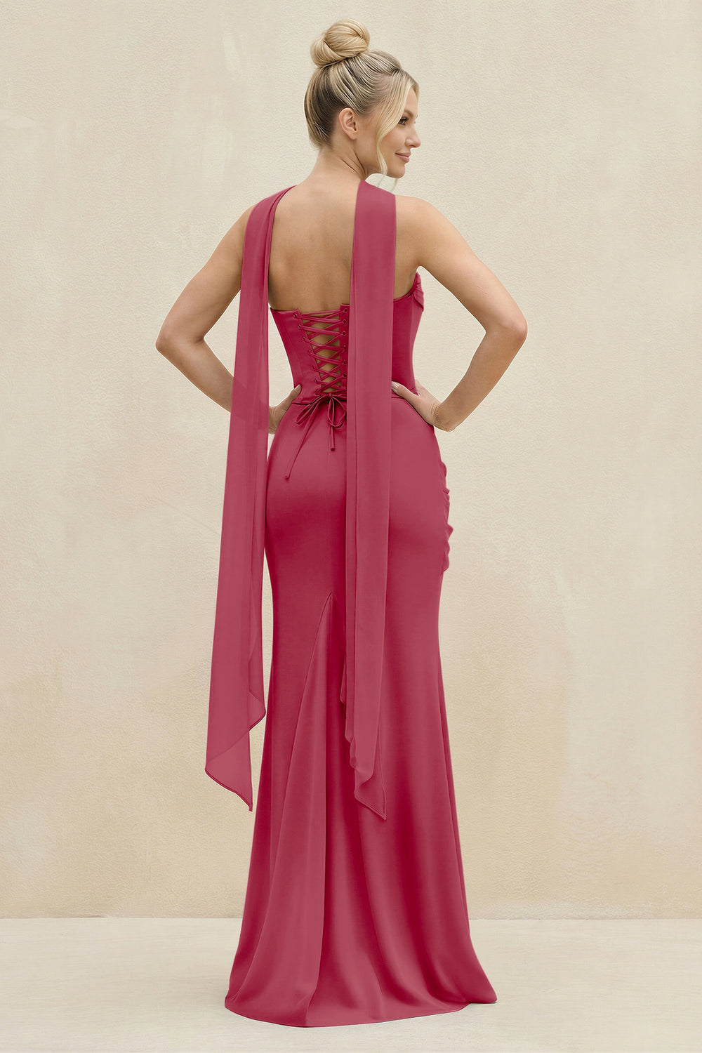 Cowl Neck Sheath Chiffon Bridesmaid Dress with Ribbon in Merlot