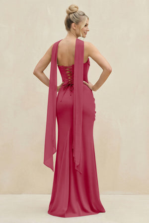 Cowl Neck Sheath Chiffon Bridesmaid Dress with Ribbon in Merlot (2) | KISSBRIDAL